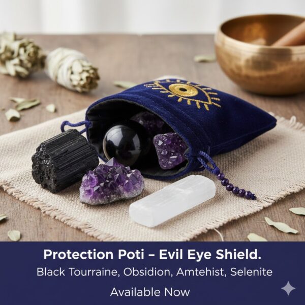 Evil Eye Protection Potli: Black Tourmaline, Obsidian, Amethyst, Selenite